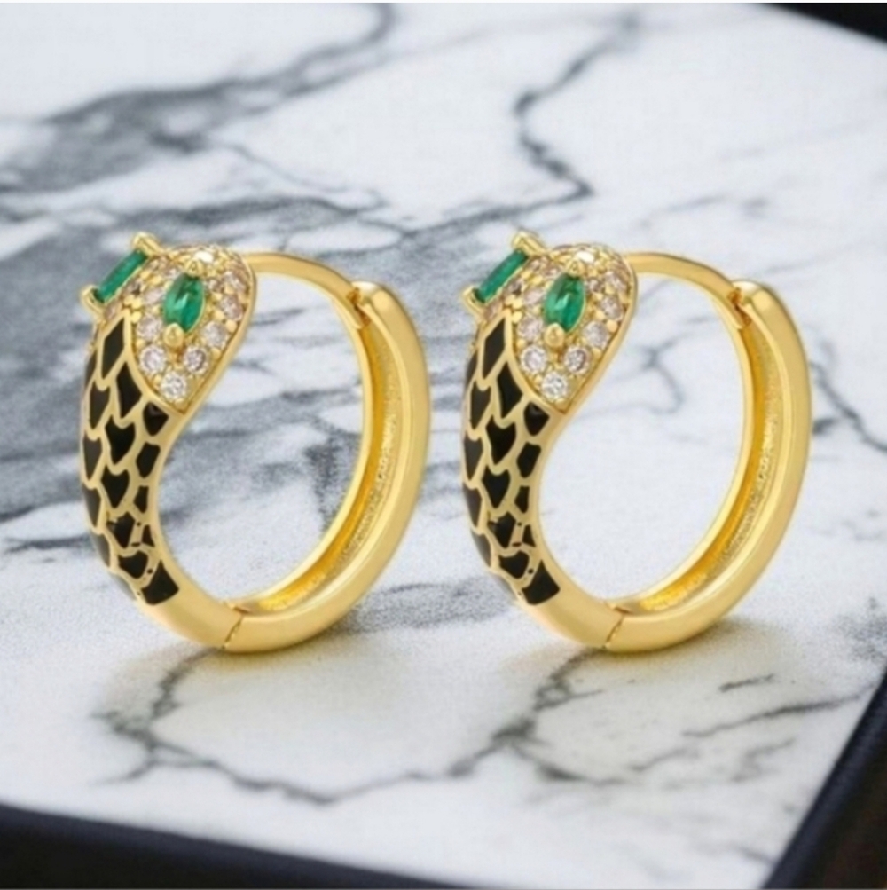 18k Gold 925 Vermeil Snake Serpent Enamel Zircon Crystal Hoop Earrings